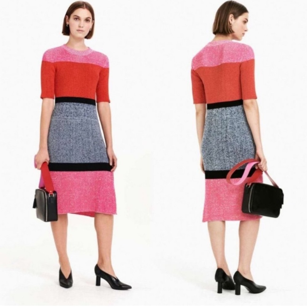 Marimekko Puhuja Striped Colorblock Midi Dress in Pink, Red, Gray and Black